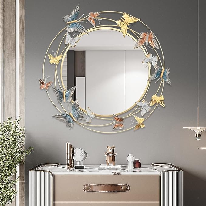 KOSTING Miroir Mural Rond en Métal Bronze Sculpté avec Papillon de Luxe - Pour Salon, Chambre, Salle de Bain, Entrée