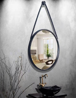 Miroirs suspendus ronds pour décoration murale – avec sangle de chaîne, miroir mural de salle de bain miroirs de maquillage avec cadre métallique |Miroir de Cheminée Style Art Déco Vintage, Noir 60*60