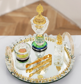 Ensemble de brûleurs d'encens ronds en cristal pour la décoration intérieure, poêle d'aromathérapie doré, encensoir conique en bois de santal, assiette de fruits en mousseline de luxe, 4 en 1