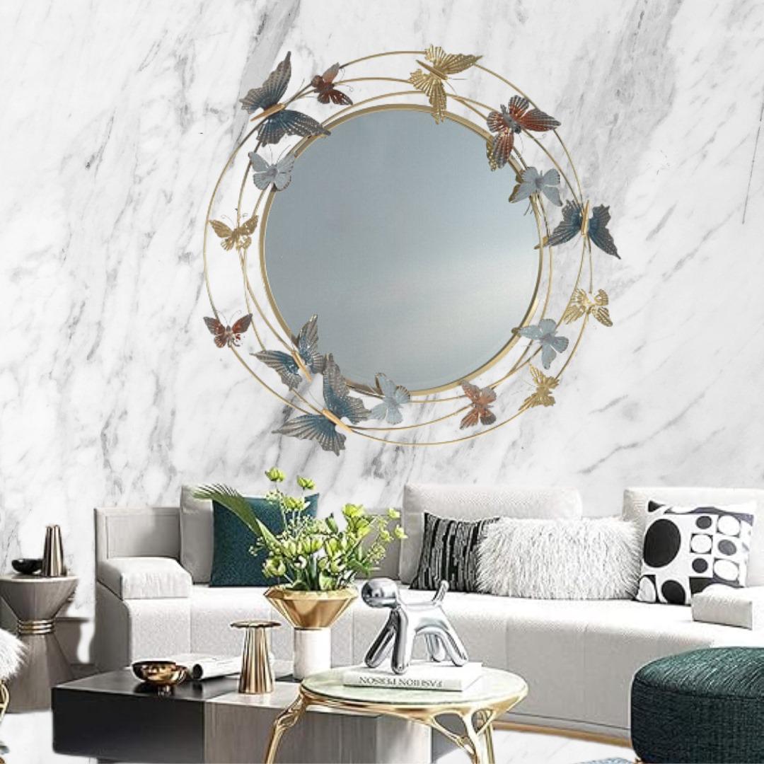 KOSTING Miroir Mural Rond en Métal Bronze Sculpté avec Papillon de Luxe - Pour Salon, Chambre, Salle de Bain, Entrée