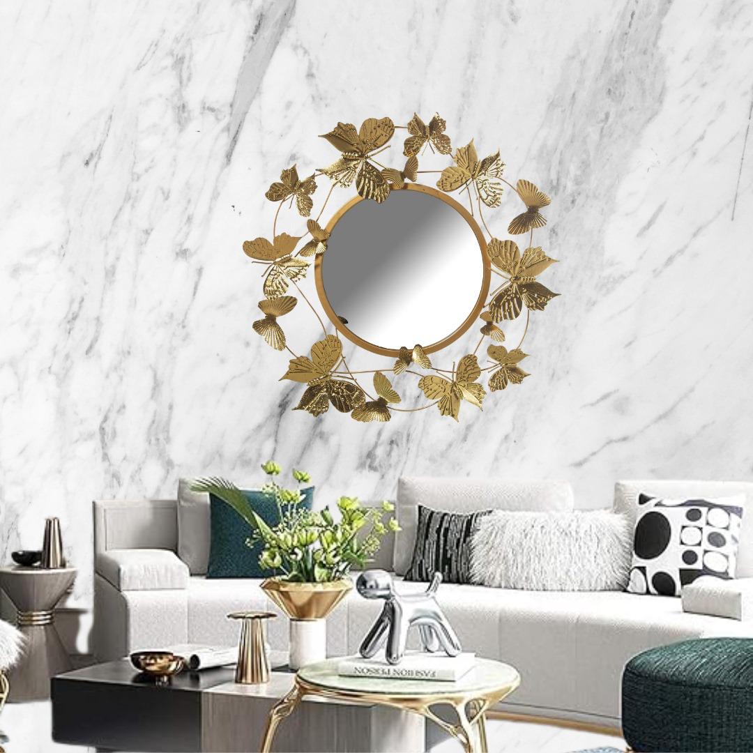 Miroir Mural Rond avec Papillons en Métal Doré – 72 x 6 x 74 cm