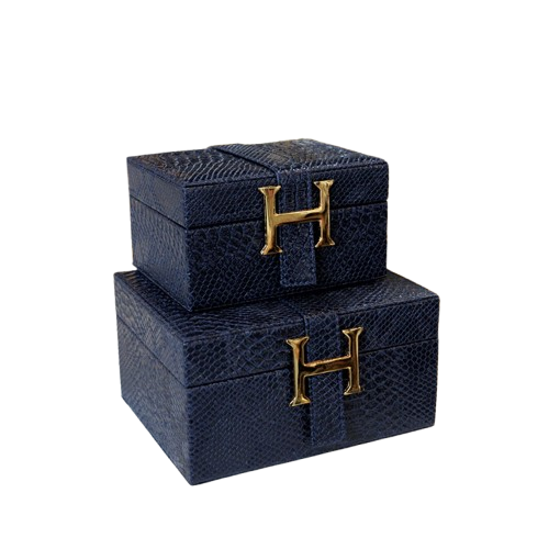 Coffret Décoratif en Cuir Hermes - Lot de 2 - Petit Format - Bleu Marine